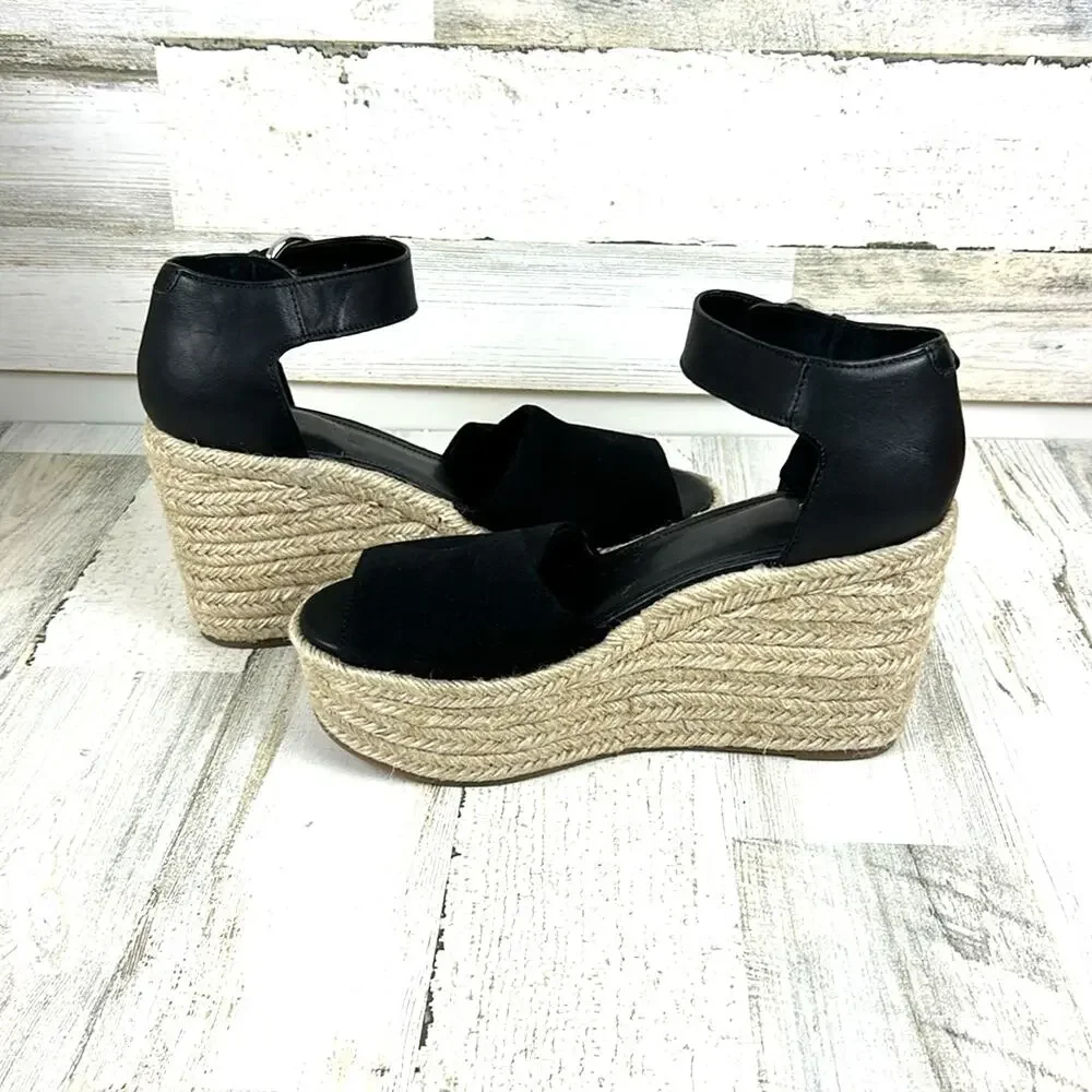 Marc Fisher Womens 9 Black Leather Buckle Platform Espadrille Sandals NEW
